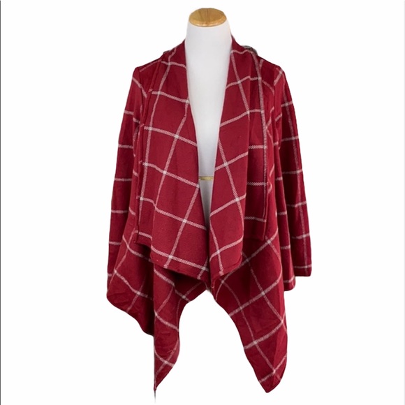 Bohemian Red Plaid Draped Open Front Jacket - Picture 1 of 12